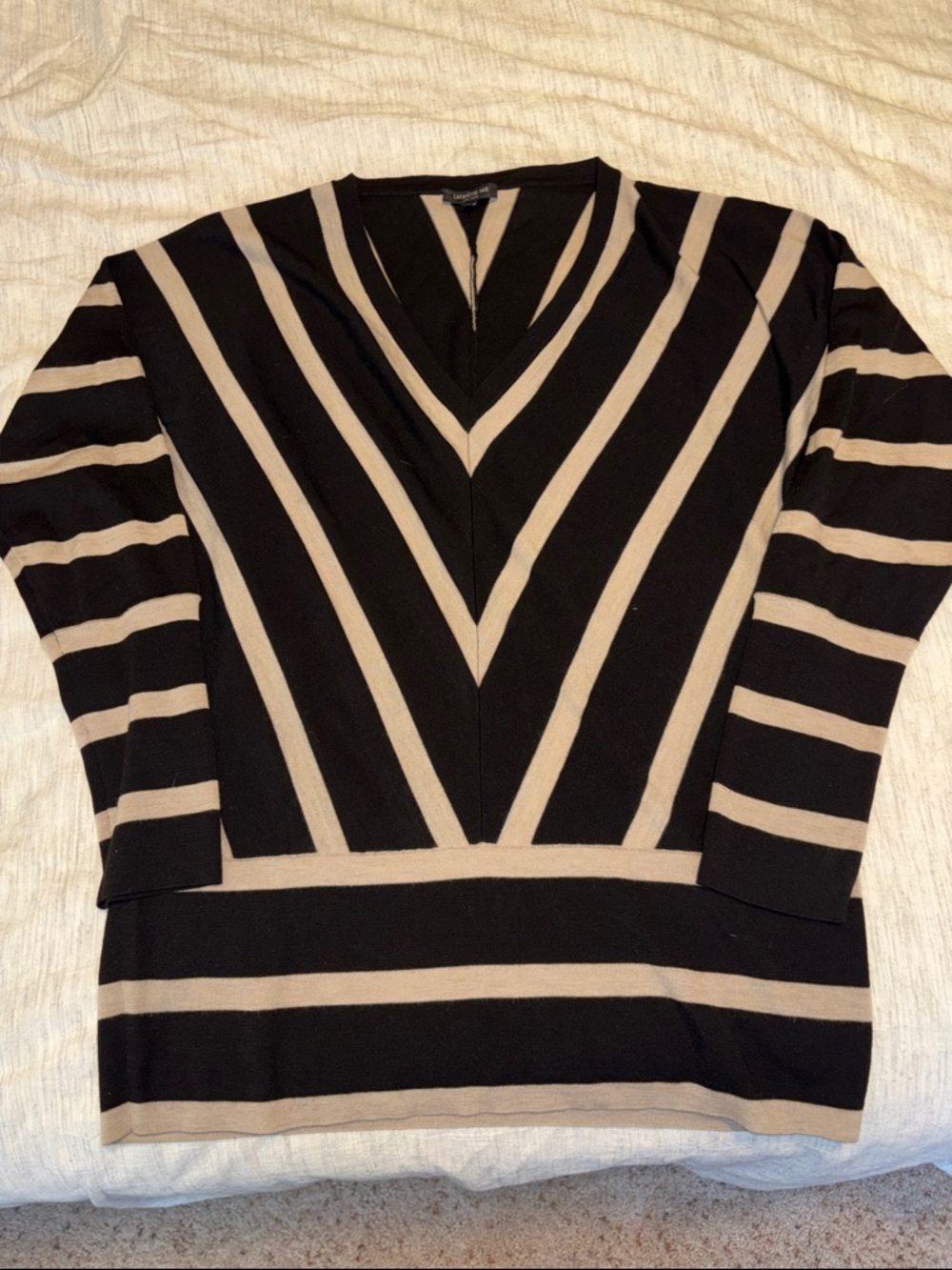 Lafayette 148 New York Black and Beige Striped V-Neck Sweater